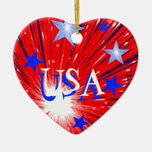 Firework Red White Blue 'USA' Zierherz Keramikornament