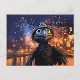 Firework Wonder Raven Watching Night Sky In Styliz Postkarte