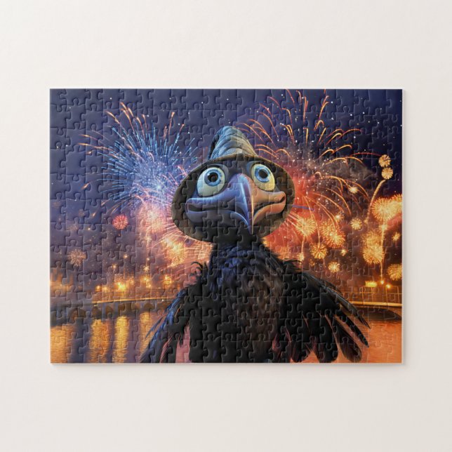 Firework Wonder Raven Watching Night Sky In Styliz Puzzle (Horizontal)