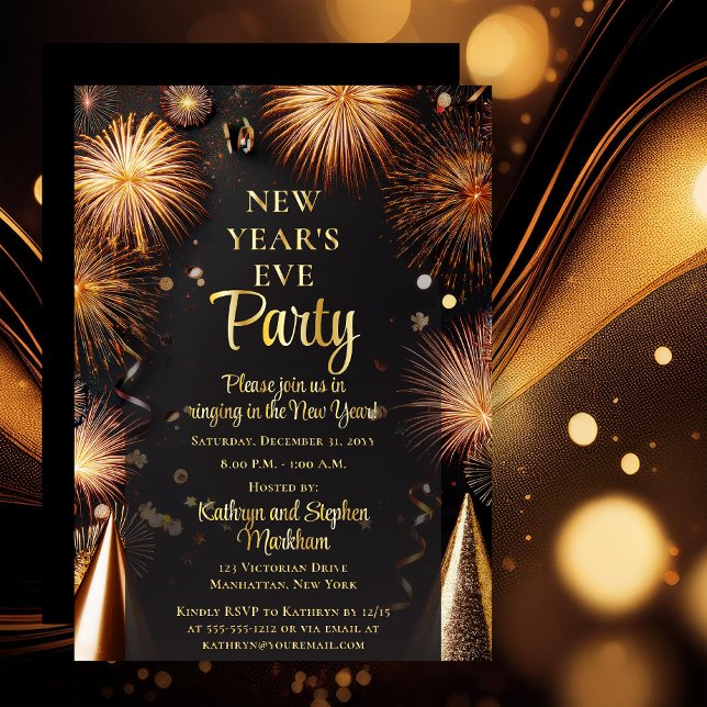 Fireworks Black Gold New Years Eve Party Folieneinladung (Elegant Gold Tone Fireworks on Dramatic Black Real Gold Foil Text New Year's Eve Party Invitation)