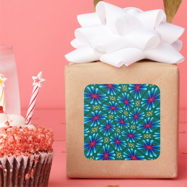 Fireworks Blue Flowers Muster Quadratischer Aufkleber (Party)