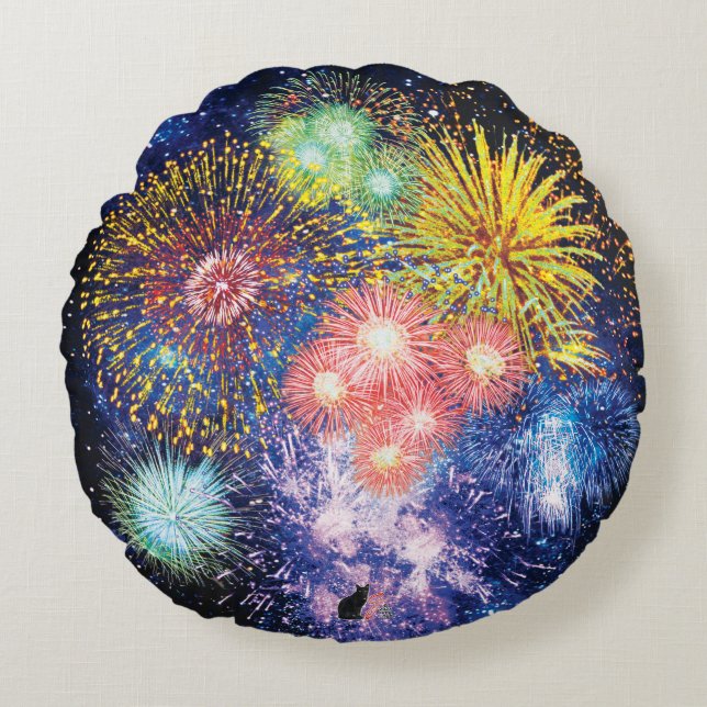 Fireworks Bursts Round Pillow Rundes Kissen (Vorderseite)