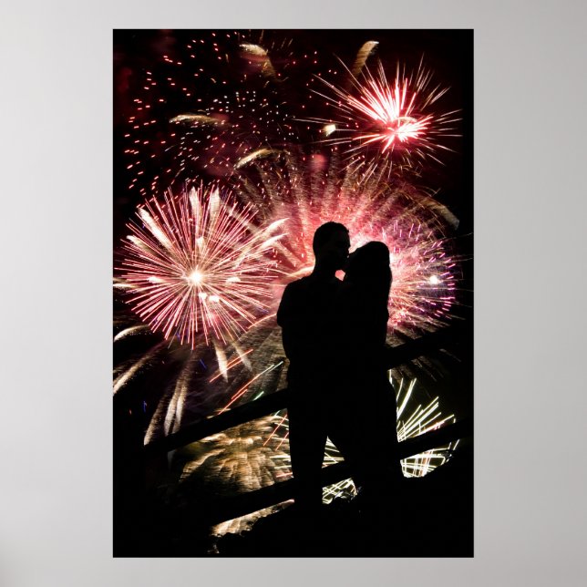 Fireworks Couple Kissing Silhouette Poster (Vorne)