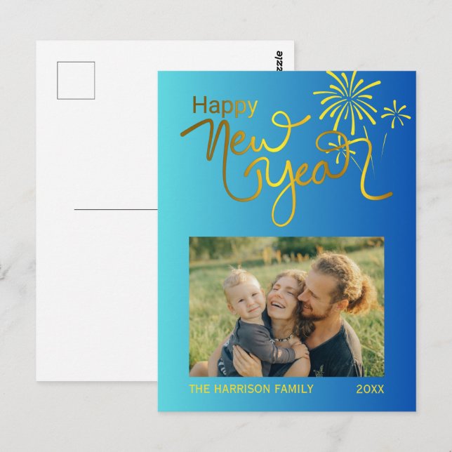Fireworks Gold Happy New Year Foto Blue Gradient Postkarte (Vorne/Hinten)