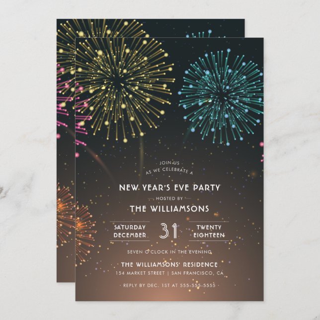 Fireworks-Party | Moderne Typografie - Neues Jahr  Einladung (Vorne/Hinten)