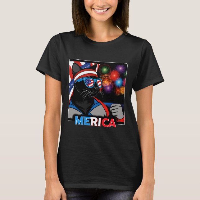 Fireworks Patriotic Black Cat T-Shirt (Vorderseite)