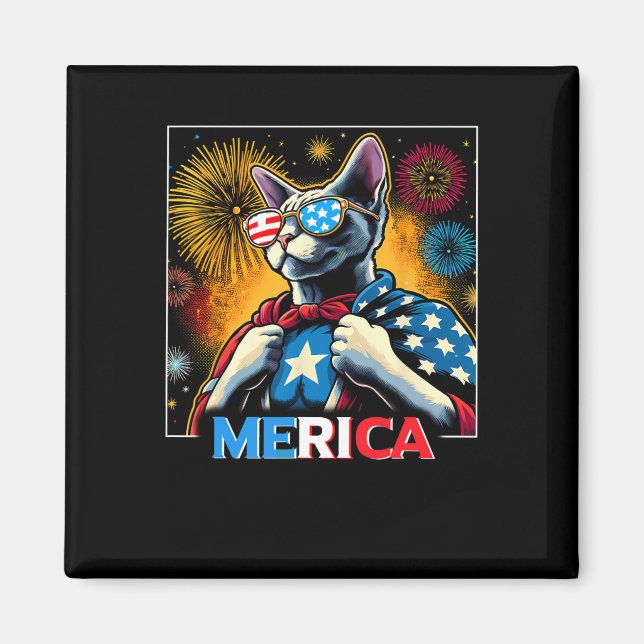 Fireworks Patriotic Devon Rex Cat Merica Magnet (Vorne)