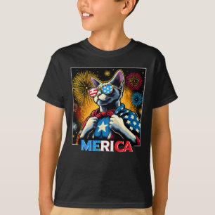 Fireworks Patriotic Devon Rex Cat Merica T-Shirt