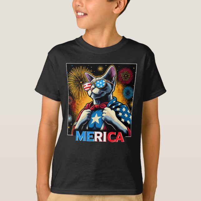 Fireworks Patriotic Devon Rex Cat Merica T-Shirt (Vorderseite)