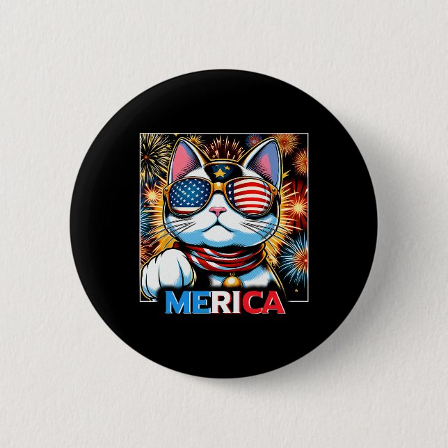 Fireworks Patriotic Maneki Neko Cat Merica Button (Vorderseite)