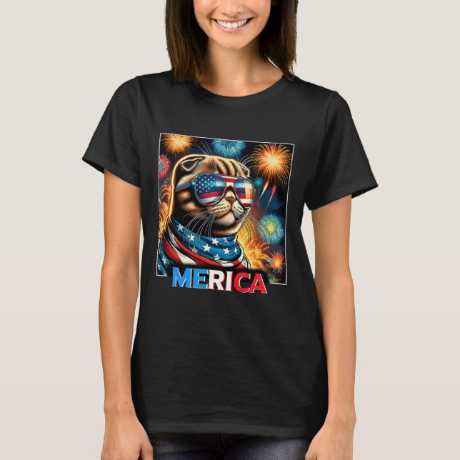 Fireworks Patriotic Scottish Fold Cat Merica T-Shirt (Vorderseite)