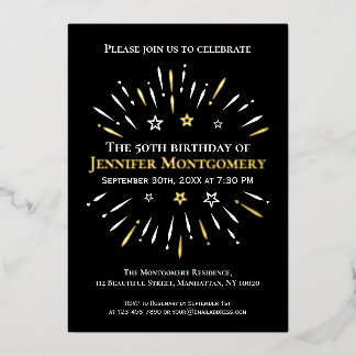 Fireworks Schwarz-weiß Gold 50. Geburtstagsparty Folieneinladung