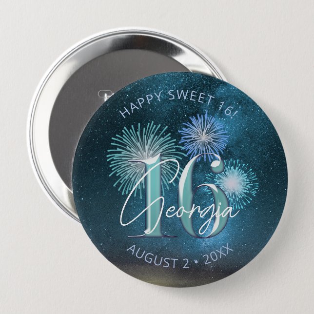 Fireworks Sweet 16 Aquamarin ID984 Button (Vorne & Hinten)