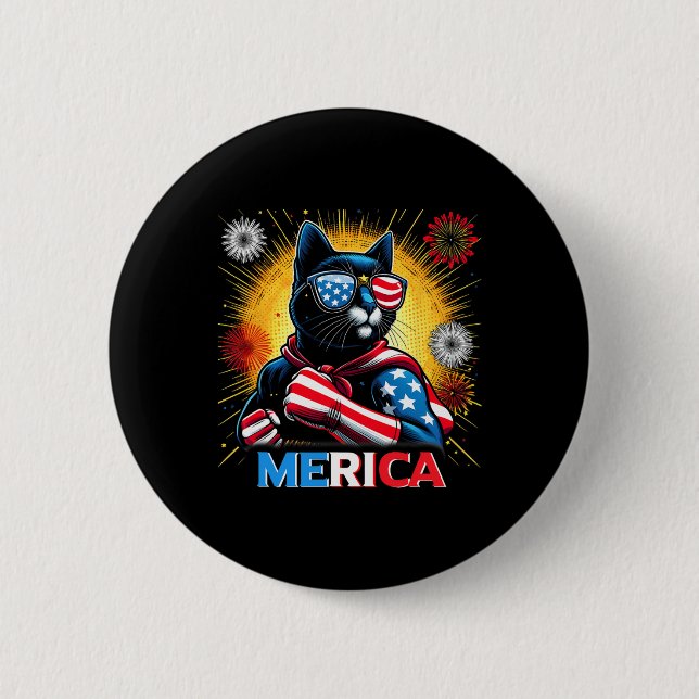 Fireworks Us Flag Patriotic Black Cat Button (Vorderseite)