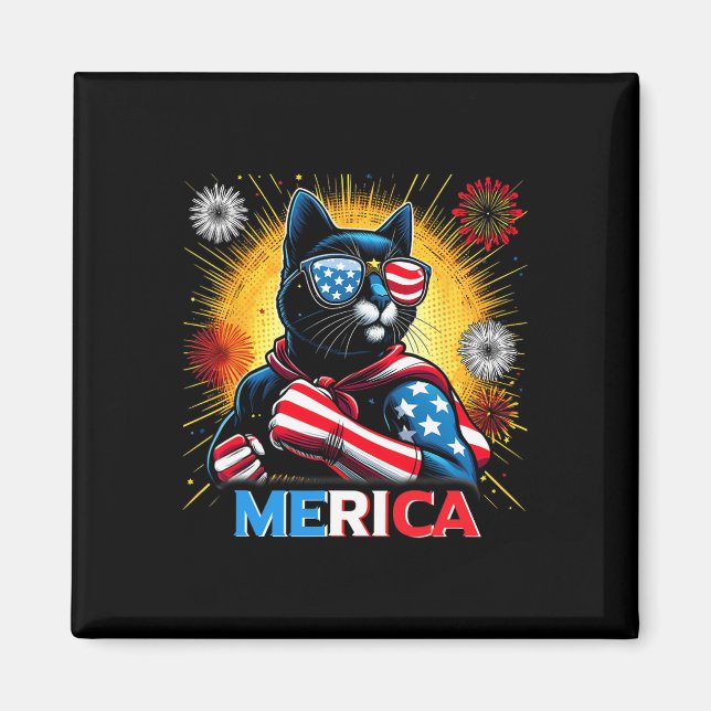 Fireworks Us Flag Patriotic Black Cat Magnet (Vorne)
