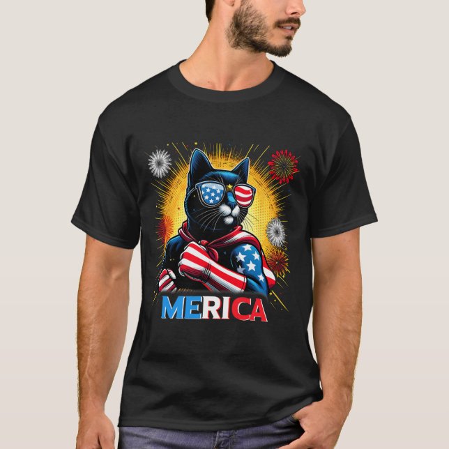 Fireworks Us Flag Patriotic Black Cat T-Shirt (Vorderseite)