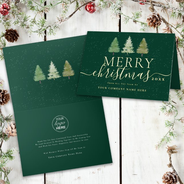Firmen-Weihnachtsbäume Geschäft Logo Gold (Company logo corporate Merry Christmas trees woodland snow gold foil script business holiday card )