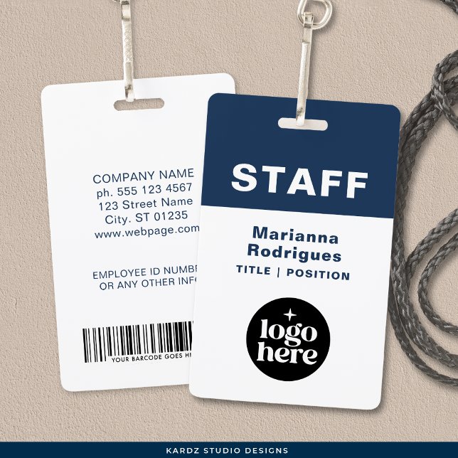 Firmenlogo Barcode Benutzerdefiniertes Mitarbeiter Ausweis (Front and back are shown. Customize and choose attachment: lanyard, retractable, or metal clip)