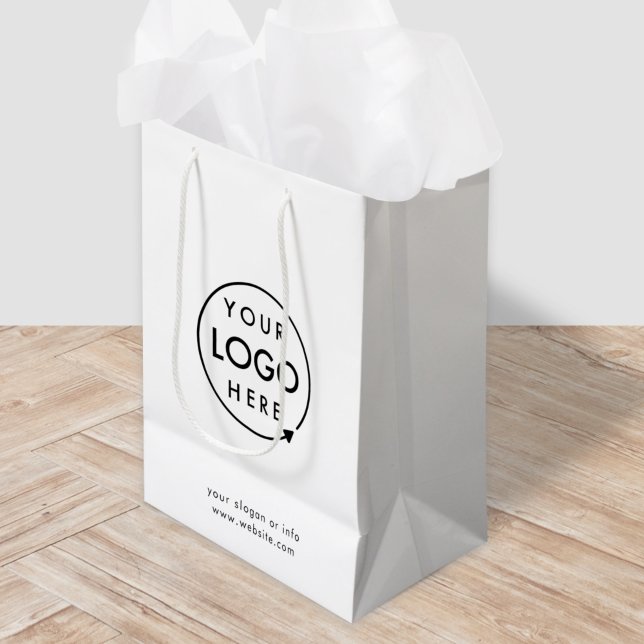 Firmenlogo | Business Modern Minimalistisch Mittlere Geschenktüte (Minimalist white company branded gift bags for small business gifting, packaging & brand promotion.)