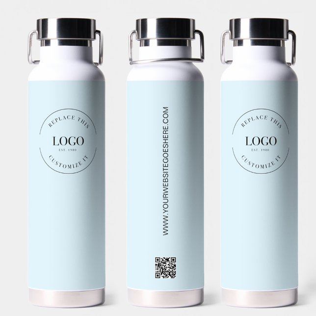 Firmenlogo Custom QR Code Website blau Trinkflasche (Light blue custom business logo and website water bottle merchandise)
