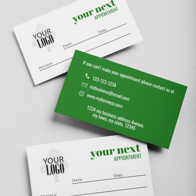 Firmenlogo Einfaches, Minimalistisches Grün Terminkarte (Green and white business appointment card with add your logo template. )