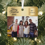 Firmenlogo Foto Gold Weihnachten Ornament Aus Metall<br><div class="desc">Ein Imitat mit goldfarbenem Hintergrund,  schwarzer Text. Text: Frohe Weihnachten. Personalisieren und hinzufügen Sie Ihr Firmenlogo,  Foto und ein Jahr.</div>