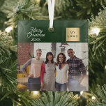 Firmenlogo Foto grün Weihnachten Ornament Aus Glas<br><div class="desc">Klassische grüne Hintergrundfarbe,  weißer Text. Text: Frohe Weihnachten. Personalisieren und hinzufügen Sie Ihr Firmenlogo,  Foto und ein Jahr.</div>