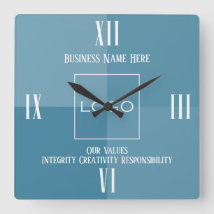 Firmenlogo, Foto und Werte blau Quadratische Wanduhr