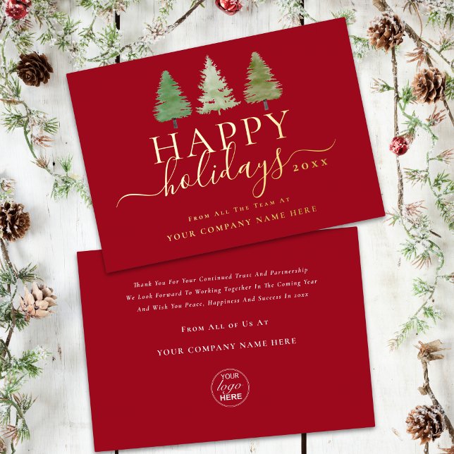 Firmenlogo Frohe Feiertage Weihnachtsbäume Skript  (corporate logo happy holidays Christmas trees elegant gold foil script red business holiday card)