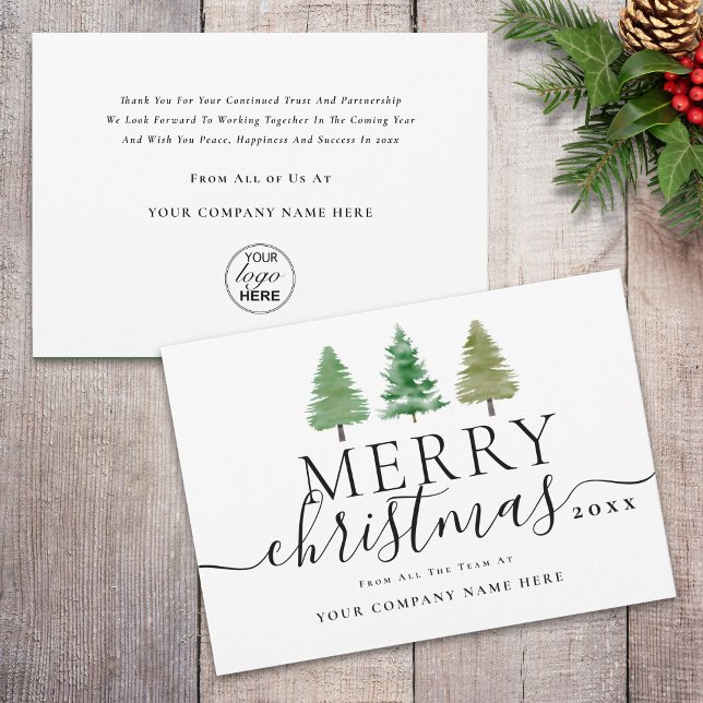 Firmenlogo Frohe Weihnachten Tannenbäume (Corporate logo merry Christmas pine trees elegant script professional business holiday card)