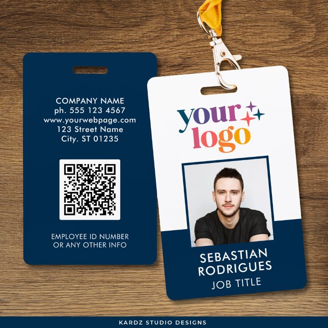 Firmenlogo Mitarbeiter Foto Blue ID Ausweis (Front and back of card shown, create QR with your URL. Personalize with photo and info on the back.)