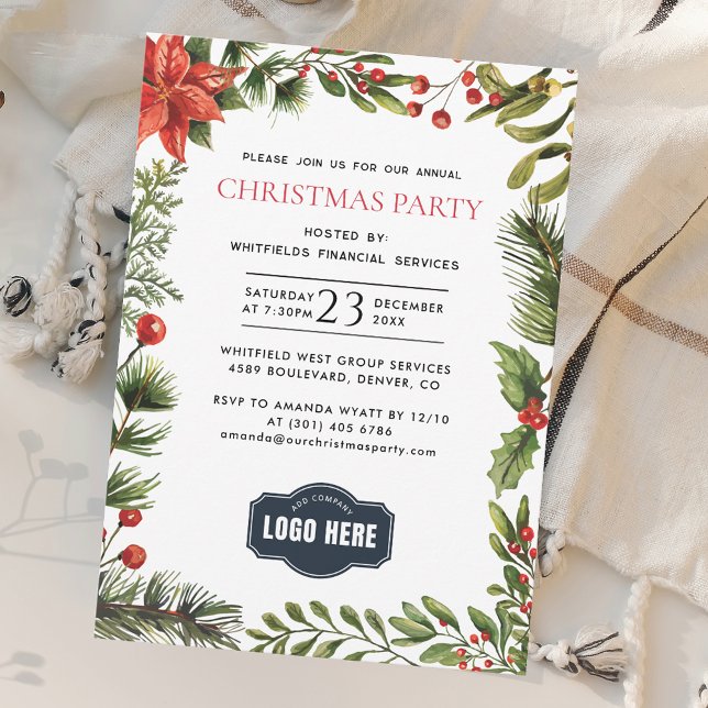 Firmenlogo Mitarbeiter Weihnachts-Party Einladung (Elegant Botanical Business Logo Christmas Holidays Party Invitation)