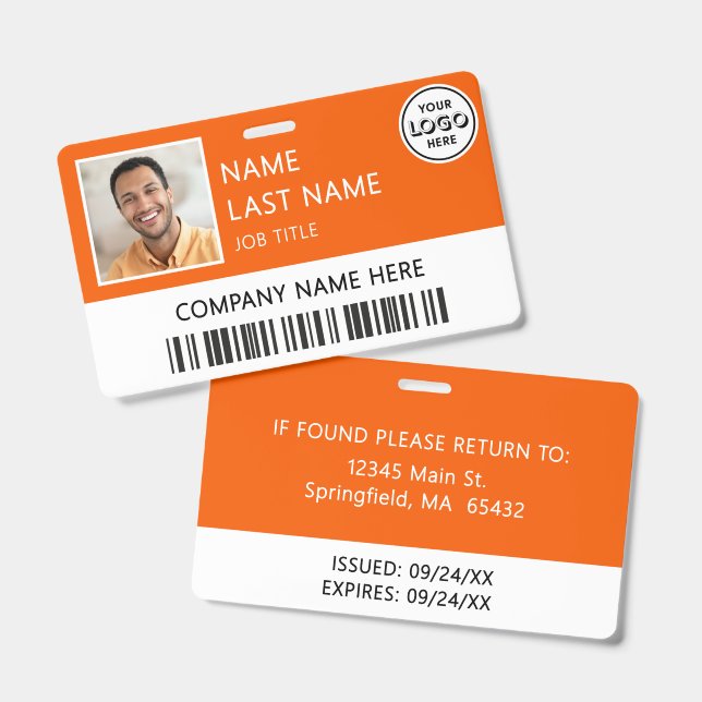 Firmenlogo Mitarbeiterfoto Orange ID Ausweis (Vorder- & Rückseite)