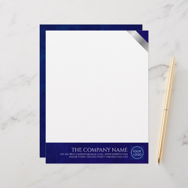Firmenlogo Modern Royal Blue Leather Letterhead Briefbogen (Vorderseite/Rückseite Beispiel)