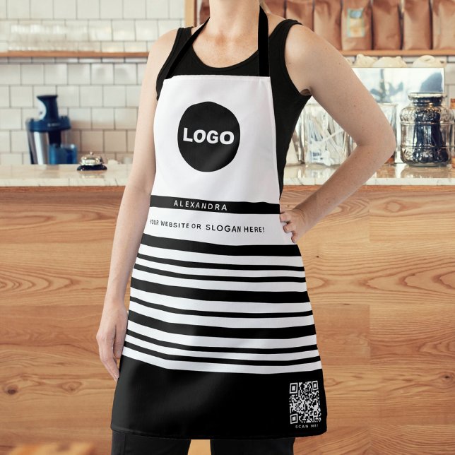 Firmenlogo QR Schwarz-weiß Streifen Name des Mitar Schürze (Business Logo QR Black White Stripes Employee Name Apron)