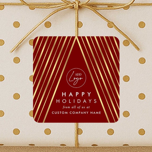 Firmenlogo Red Gold Weihnachtsbaum Quadratischer Aufkleber (Elegant corporate business logo festive stickers in red & faux gold with Christmas tree design)
