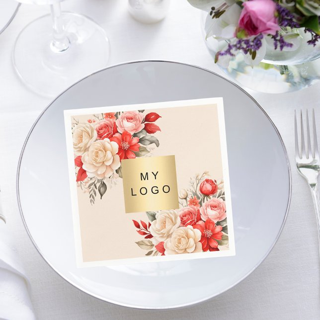 Firmenlogo Rote Elfenbeinflorale Beige Creme Serviette (Von Creator hochgeladen)