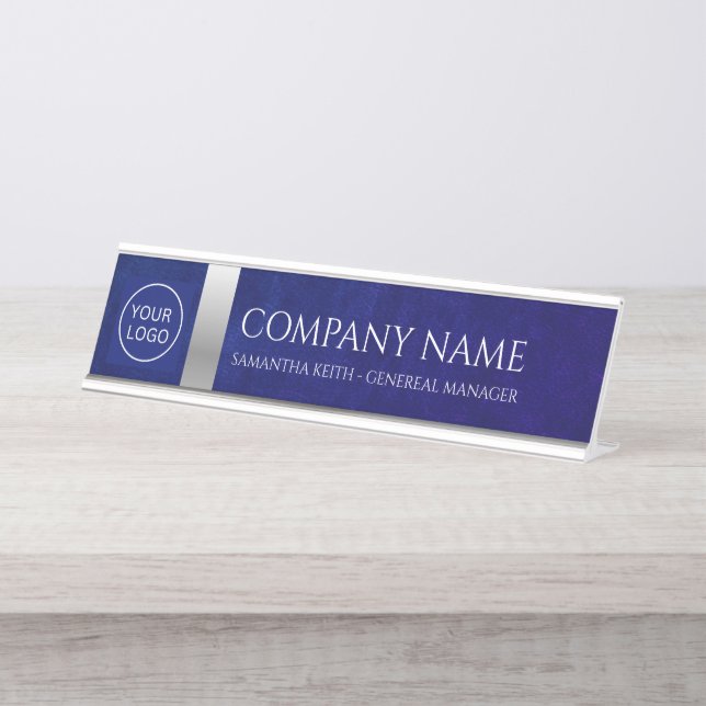 Firmenlogo Royal Blue Leather und Silver Custom Schreibtischnamensplakette (Vorderseite )