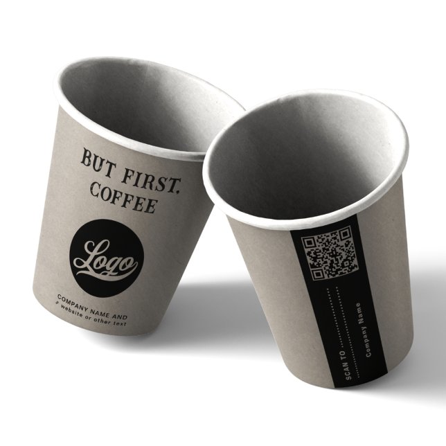 Firmenlogo, Text, QR-Code, Beige-Kaffee Pappbecher (Von Creator hochgeladen)