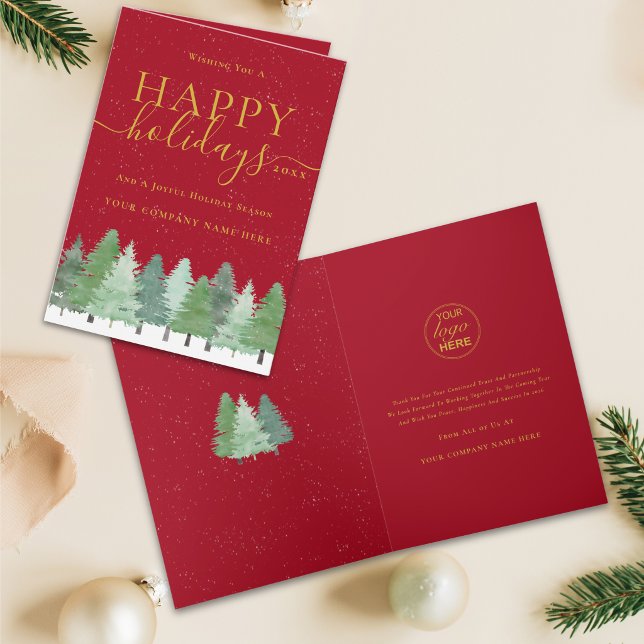 Firmenlogo Weihnachten Wald Schnee Rot Gold (Business logo happy holidays modern watercolor winter woodland red and gold Christmas card)