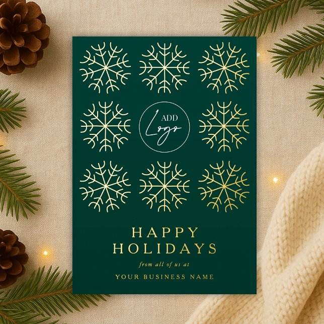 Firmenlogo Weihnachtsschneeflocken Grün & Gold Folien Feiertagskarte (Corporate business logo green and gold foil holiday cards )