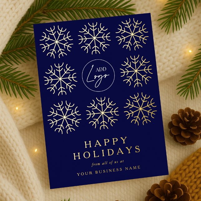 Firmenlogo Weihnachtsschneeflocken Navy & Gold Folien Feiertagskarte (Corporate business logo navy blue and gold foil holiday cards )