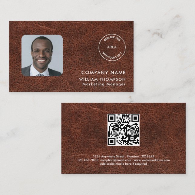 Firmenname Logo Foto QR Code Braun Imitat Leder Visitenkarte (Vorne/Hinten)