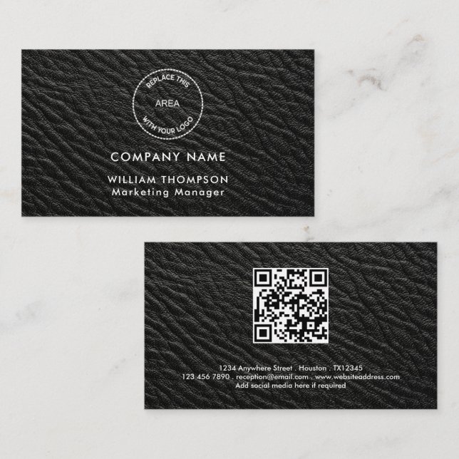 Firmenname Logo QR Code Schwarzes Imitat Leder Visitenkarte (Vorne/Hinten)