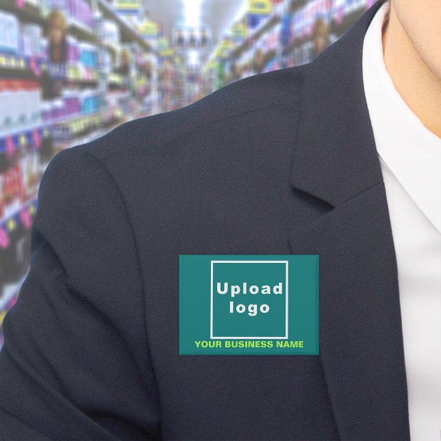 Firmenname und Logo auf Aquamarinem grünen Rechtec Button (Business name and logo on teal green rectangle button)