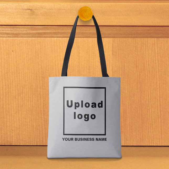 Firmenname und Logo auf der grauen Tasche (Gray tote bag with your business name and logo)