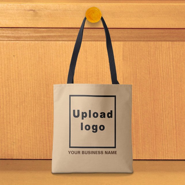 Firmenname und Logo auf der hellbraunen Tasche (Light brown tote bag with your business name and logo)