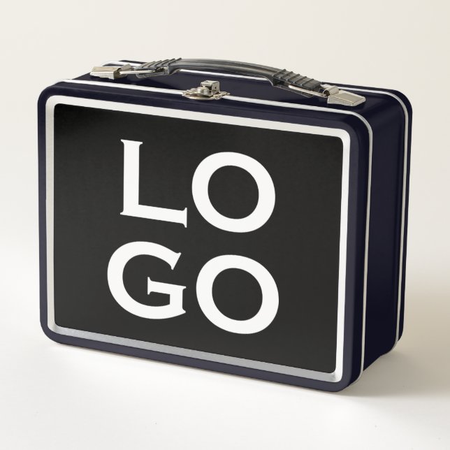 Firmenspezifische oder geschäftliche Logo auf schw Metall Brotdose (Vorderseite)