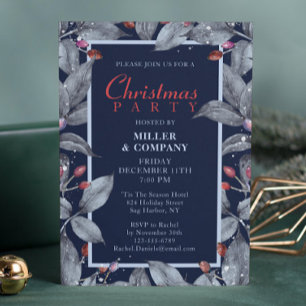 Firmenweihnachtsfeier Navy Silber Blumen Einladung
