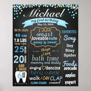 First 1st Birthday Chalkboard sign confetti gold Poster